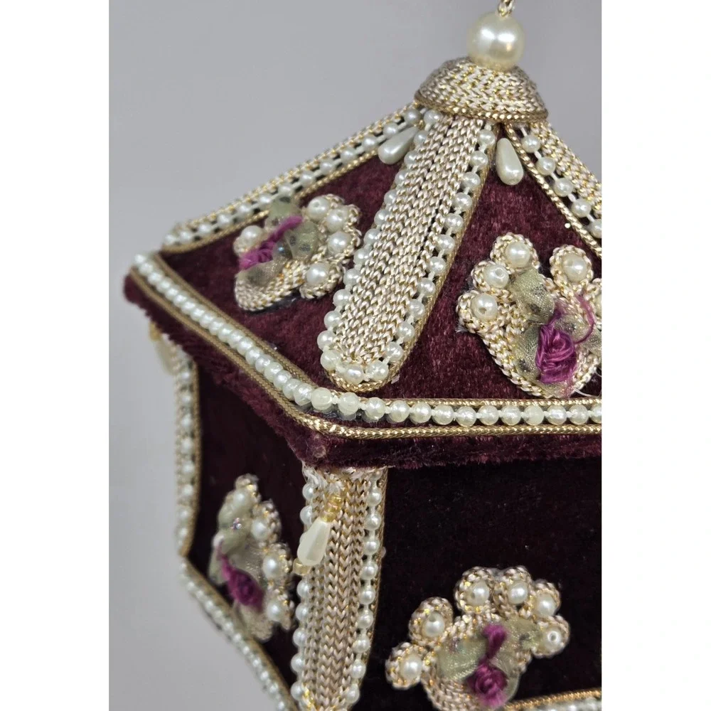 Vintage Handmade Beaded Pagoda Christmas Ornament Pearl Velvet Victorian Style